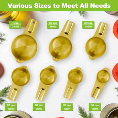 7 Pcs Gold Measuring Cups Stainless Steel, Nesting Metal Measuring Cups with Markings & Ring, Stackable Measure Cups Spoons Set for Cooking Baking Supplies, Kitchen Utensils for Dry Liquid Ingredients - color: Gold