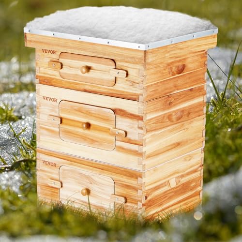 VEVOR Bee Hive 10 Frame Bee Hives Starter Kit, Beeswax Coated Fir Wood, 2 Deep + 1 Medium Bee Boxes Langstroth Beehive Kit, Transparent Acrylic Windows with Foundations for Beginners Pro Beekeepers - size: Deep Box x 2+ Medium Box x 1