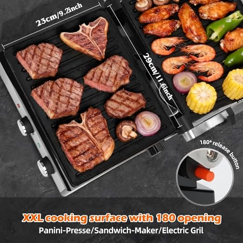 KEINVE 1700Watt Panini Press, Sandwich Maker with Temp & Time Setting, 4 Slice Large Non-Stick Versatile Grill Press, Opens 180 Degrees to Fit Steak, Fish, Vegetable and More - size: 4 Slice(Temp & Time Control)