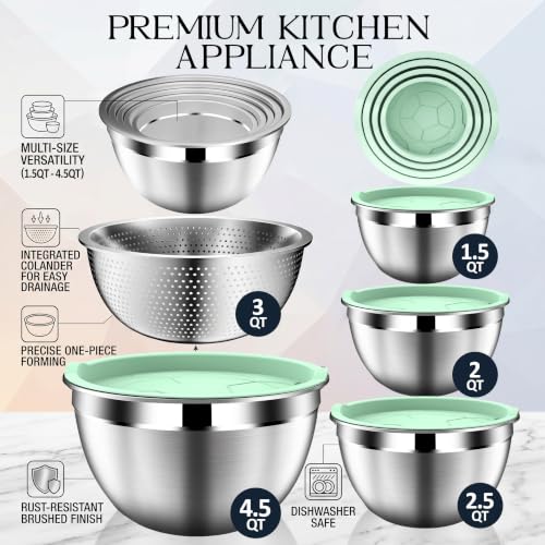DUTZUN Mixing Bowls with Lids Set, Stainless Steel Mixing Bowl Set with Colander, Strainer with Bowls - Pistachio - style: 9PCS Pistachio