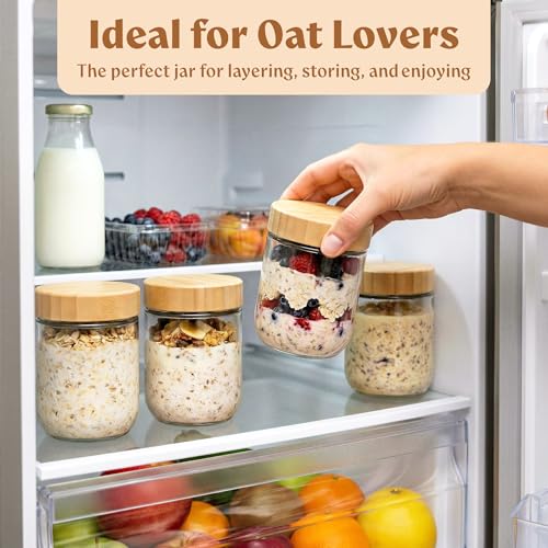 EDELHAUS Overnight Oats Containers with Lids Bamboo (4 x 16oz) Glass Jars for Oatmeal, Meal Prep, Food Storage | Leak-Proof Mason Jars for Oats, Cereal, Yogurt, Chia Pudding [Thicker Glass 3mm] - color: Bamboo Lid no Spoons