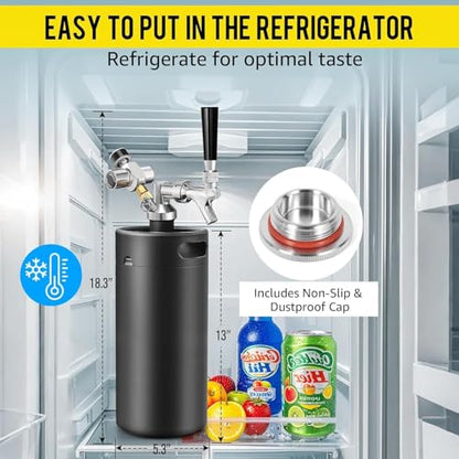 MRbrew 128oz Black Mini Keg Growler Portable Draft Beer Dispenser System Pressurized Stainless Steel Beer Growler Tap System Home Mini Kegerator, with Professional Beer Tap and CO2 Regulator