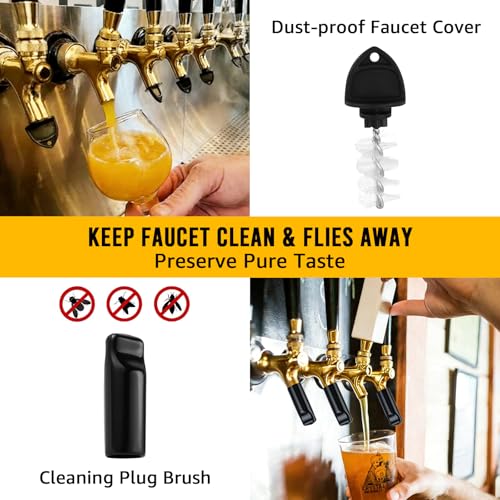 Standard 1-1/8‘’ Beer Faucet Beer Dispenser Tap for Draft Beer Kegerator Tower System Beer Shanks, 304 Stainless Steel Core Smooth Pouring Beer Keg Tap Faucet with Dustproof Plugs Brush (Golden, 2PCS)