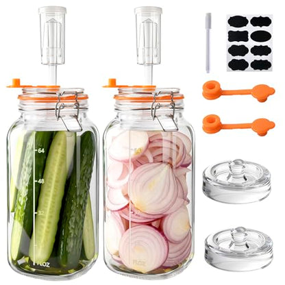 2 Pack 64oz/2L Glass Fermenting Jars with Airlocks & Weights – 3.3" Wide Mouth Sauerkraut Jar Set for Pickles, Kombucha, Kimchi – Complete Home Fermentation Kit for Beginners