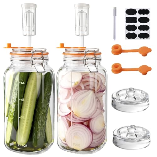 2 Pack 64oz/2L Glass Fermenting Jars with Airlocks & Weights – 3.3" Wide Mouth Sauerkraut Jar Set for Pickles, Kombucha, Kimchi – Complete Home Fermentation Kit for Beginners