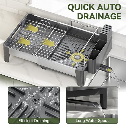 Urackify Expandable Dish Drying Rack, Stainless Steel Dish Rack with Aluminum Frame, Dish Drainer for Kitchen Counter, Space Saving Kitchen Drying Rack with Movable Utensil Holder, Gray