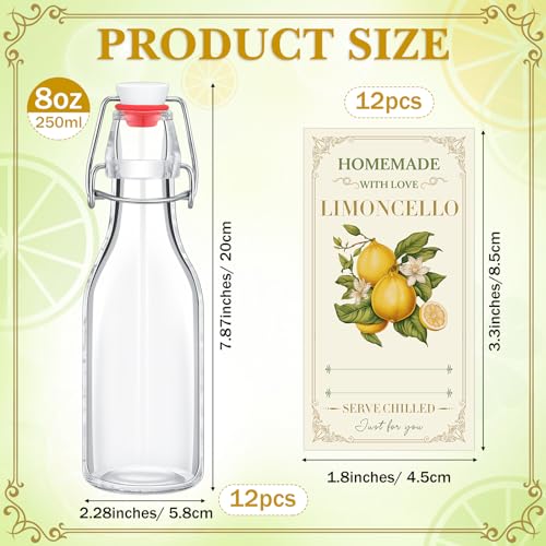 Havawish 12 Sets Limoncello Swing Top Glass Bottles for Homemade 8 oz Flip Clear Top Lemoncello Bottles with Labels Stoppers for Home Brewing Gifts Wedding Lemon Italian Summer Party Favors(Round) - style: Round
