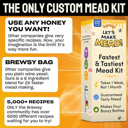Brewsy Starter Kit for Mead Making - Custom Mead Kit - 4 Bottles in 9 Days - Use Any Juice - color: Mead