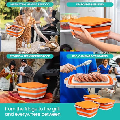 Modern Innovations Collapsible BBQ Prep Tubs, 3 Pack, Orange, Locking Lids | BBQ Marinating Tubs, Cutting Board Lids, Drain Spouts, Small Medium Large, Collapsible, Camping, Tailgating - color: Orange