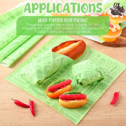 Outus 600 Pcs 12 x 12 Inch Deli Wax Paper Sheets Grease Resistant Tray Basket Liners Newsprint Paper Water and Grease Proof Sandwich Wrapping Square Hot Dog Wrappers for Food Baking (Light Green) - color: Light Green