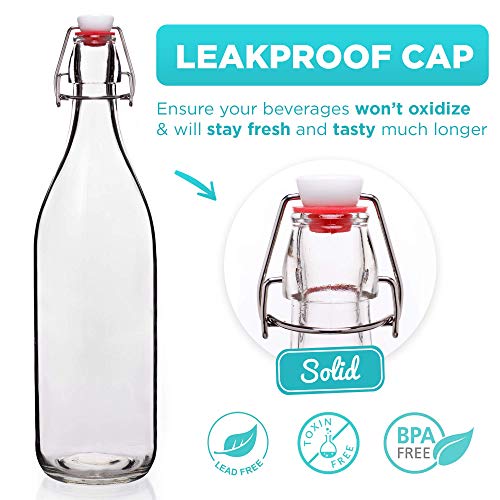 Swing Top Glass Bottles [1 Liter / 33 fl. oz.] [Pack of 4] – Flip Top Coquito Bottles for Kombucha, Fermentation, Beer, Kefir, Wine – Airtight Stopper Lids with Extra Gaskets, Funnel, Labels & More - size: 2.3