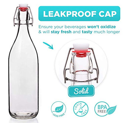 Swing Top Glass Bottles [1 Liter / 33 fl. oz.] [Pack of 4] – Flip Top Coquito Bottles for Kombucha, Fermentation, Beer, Kefir, Wine – Airtight Stopper Lids with Extra Gaskets, Funnel, Labels & More - size: 2.3