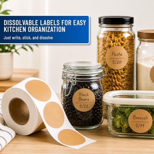 Water Soluble Labels for Food Containers – Dissolvable Kitchen Labels – No Sticky Residue – 2" Diameter, Two-Line Writable Surface, 200 Labels Per Roll (Tan) - color: Tan