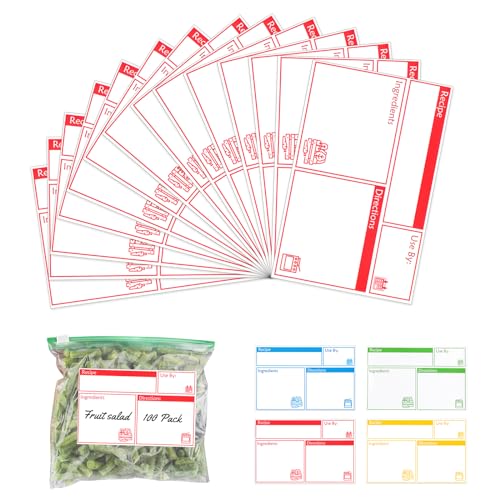 100pcs Labels for Freezer Bags Freezer Meal Labels with Instructions 3.2 X 5 inch Oil and Water Resistant Labels Food Labels for Freezer Storage for Leftovers in Fridge Removable Freezer (Red) - color: Red