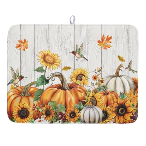 Autumn Harvest Pumpkin Dish Drying Mat for Kitchen Counter Sunflower Maple Leaves Fall Dish Drying Mat 18”x24” Thanksgiving Dishes Pad Dish Drainer Rack Mats Absorbent Fast Dry Kitchen Accessories - color: Autumn Harvest Pumpkin style, size: 18" x 24"