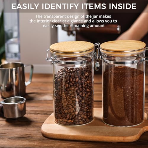 VZZNN 2 Pack 40.5oz Coffee Bean Storage Container with Airtight Bamboo Lids Glass Airtight Coffee Canister with Scoop Storage Container for Grounds Tea Cereal Sugar