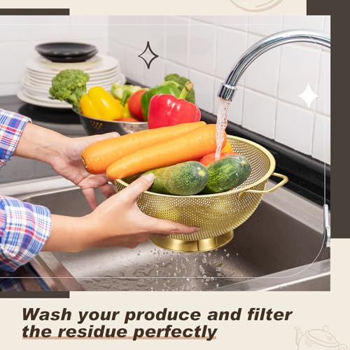 Baderke 5 Pcs Gold Strainers and Colanders Set Including 4/5 Quart Stainless Steel Colanders with Handles and 3 Pcs Fine Mesh Strainers for Kitchen Draining Rinsing Pasta Vegetables Rice
