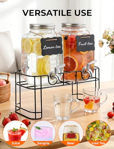 Glass Drink Dispenser for Parties, 1 Gallon Beverage Dispenser with Stand & Stainless Steel Spigot, 2 Pack Lemonade Dispenser with Fruit Filter & stirring spoon, Juice Pitcher for BBQ Picnic Party