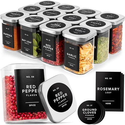 EDELHAUS Glass Spice Jars with Labels and Steel Lids (12 x 6.4oz) Spice Containers with 160 Label, Steel Funnel, Shaker Inserts, Empty Square Seasoning Organizer for Spice Rack, Cabinet, Drawer