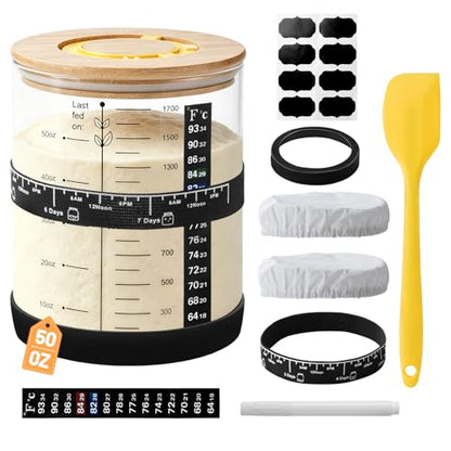 50oz Sourdough Starter Jar, Large Glass Sourdough Starter Jar Wide Mouth with Wooden Lid, Feeding Tracker and Spatula, Sourdough Starter Jar Kit for Bread Baking