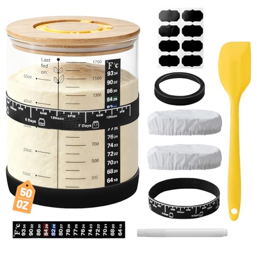 50oz Sourdough Starter Jar, Large Glass Sourdough Starter Jar Wide Mouth with Wooden Lid, Feeding Tracker and Spatula, Sourdough Starter Jar Kit for Bread Baking
