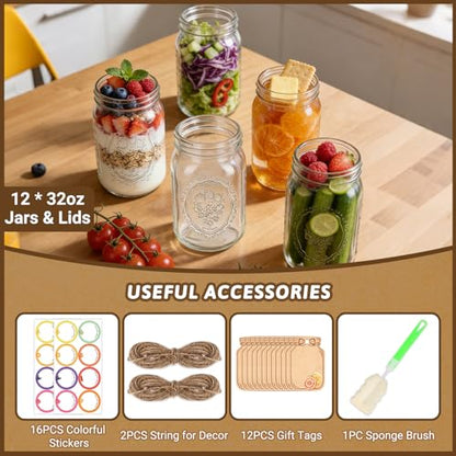 Alotpower Wide Mouth Mason Jars 32 oz - 12 Pack Clear Glass Canning Jars | Quart Mason Jars with Airtight Lids & Bands for Pickling, Fermenting, Preserving, Meal Prep, and Dry Storage - color: 32fl.oz 12pack
