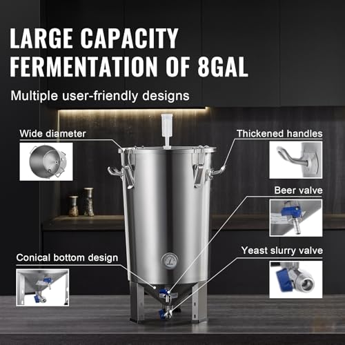 Happybuy 304 Stainless Steel Kettle, 8 Gallon Beer Brew Fermentor, Brew Bucket for Home Brewing Supplies, Includes Lid, Handle, Valve, Spigot, Thermometer, with Base