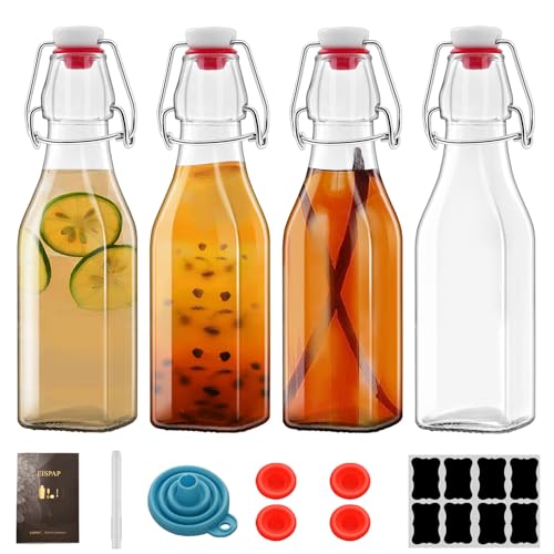4 Pack 8oz Square Swing Top Glass Bottles, 250ML Bottles with Airtight Stoppers for Kombucha, Kefir, Vanilla Extract, Beer(Bonus Gaskets, Labels and Funnel