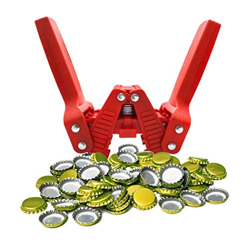 Manual Twin Lever Hand Capper for Home Brewing, Crown Capper with 50PCS Plastic Red Beer Bottle Crown Caps