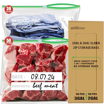 BEIDOU-PAC Combo Large Slider Storage Bags 80 Count, 2 Gallon & 3 Gallon Resealable Variety Pack With Organizer, Reclosable Clear Plastic Bags (Variety Pack) - style: Slider-2 in 1 dispenser