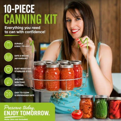 Supa Ant Complete Canning Starter Kit – 10pc Food-Grade Steel Set with XL Ladle, 6 Measuring Cups, Jar Lifter, Wide Mouth Funnel, Canning Rack (7-Jar Capacity) & 90 Labels –Beginner-Friendly, Green - color: Bright Green