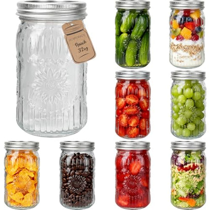 CycleMore 9 Pack 32oz Large Mason Jars with Metal Lids & Bands, Wide Mouth Canning Jars, 1 Quart Jars for Crafts & Homemade Gifts - size: SunFlower - 32oz - 9 Pack