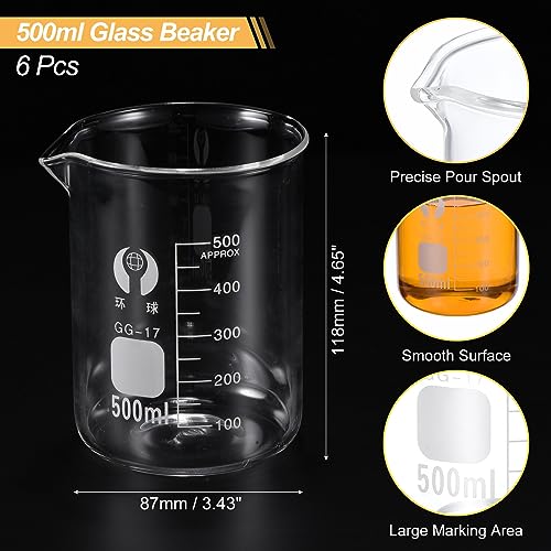 PATIKIL 500ml Low Form Glass Beaker, 6 Pack 3.3 Borosilicate Glass Graduated Printed Scale Measuring Cups with Spout for Kitchen Lab Liquids - size: 500ml