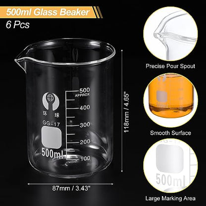 PATIKIL 500ml Low Form Glass Beaker, 6 Pack 3.3 Borosilicate Glass Graduated Printed Scale Measuring Cups with Spout for Kitchen Lab Liquids - size: 500ml