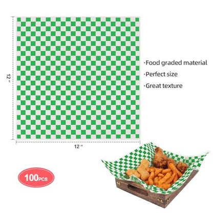 100pcs Deli Paper Sheets 12x12", Premium Food Basket Liners, Grease Resistant Wax Paper Sheets for Food, Classic Checkered Sandwich Wrapping Paper (Green & White) - color: Green & White