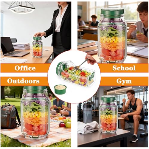 Salad Jar with Side Opening, Leakproof Mason Jar Container, Portable Salad To Go Container with Dressing Cup for Travel Home Office, Dishwasher Safe