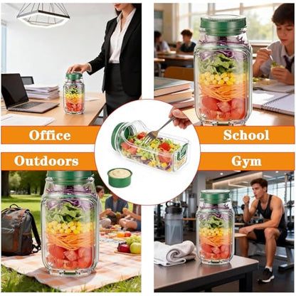 Salad Jar with Side Opening, Leakproof Mason Jar Container, Portable Salad To Go Container with Dressing Cup for Travel Home Office, Dishwasher Safe