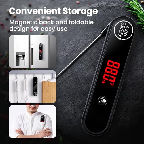 Meat Thermometer Digital, 0.3s Instant Read Food Thermometer with Auto-Rotating LED Display & Calibration Function, Magnetic Back for Cooking, Grilling, BBQ, Smoker (Black) - color: Black