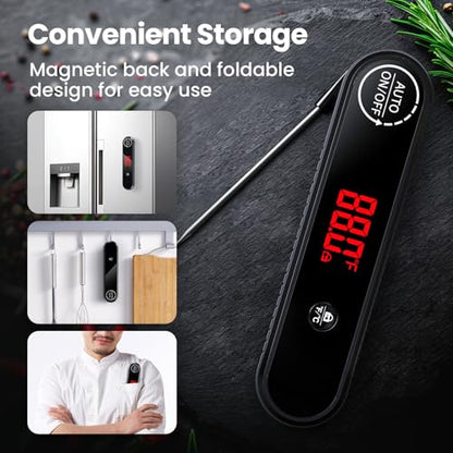 Meat Thermometer Digital, 0.3s Instant Read Food Thermometer with Auto-Rotating LED Display & Calibration Function, Magnetic Back for Cooking, Grilling, BBQ, Smoker (Black) - color: Black