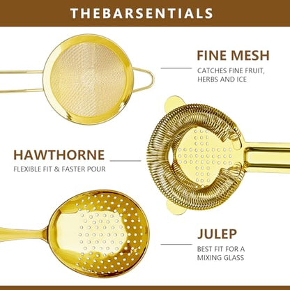 Cocktail Strainer-Stainless Steel Bar Tools Bartender Cocktail Strainer Set:Hawthorne Strainer,Julep Strainer and Conical Fine Mesh Strainer (Gold) - color: Gold