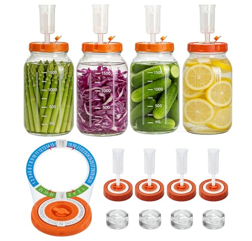Fermentation Kit for Wide Mouth Mason Fermenting Jar, 4 Glass Weights,4 Lids with Date Marker,4 Airlocks (No Jars) Complete Pickling Sauerkraut Kit - color: Orange/Clear