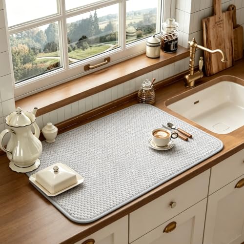 3 Pcs Extra Large Size Dish Drying Mat,Absorbent Microfiber Dishes Drainer Mats,30×24" Inch Pads for Kitchen Counter,Coffee,Rack,Under Sink,Light Gray - size: 3PCS 30×24 inch