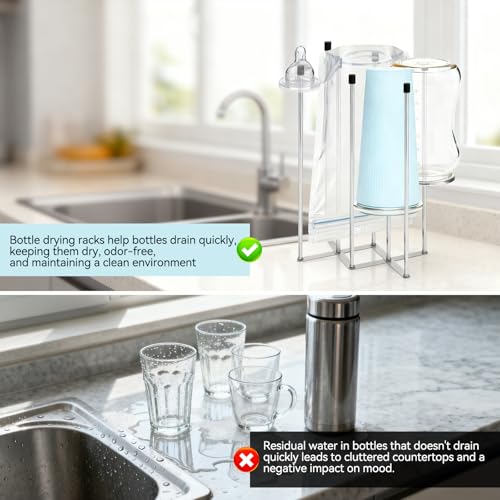 Foldable Baby Bottle Drying Rack – 8-Pole Collapsible Bottle Organizer, suitable for cups, silicone bags, and kitchen waste bags – Space-Saving Countertop Dryer for Home & Travel (Silver)