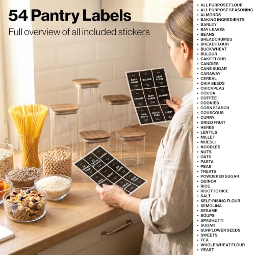 EDELHAUS Glass Storage Containers with Acacia Lids and Labels - Set of 5 | Extra Thick Square Glass Canisters with Acacia Wood Lids and 54 Pre-printed Pantry Labels keeps dry Goods Fresh and Organized