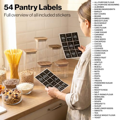 EDELHAUS Glass Storage Containers with Acacia Lids and Labels - Set of 5 | Extra Thick Square Glass Canisters with Acacia Wood Lids and 54 Pre-printed Pantry Labels keeps dry Goods Fresh and Organized