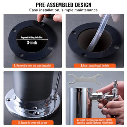 VEVOR Dual Taps Draft Beer Tower Dispenser, Stainless Steel Keg Beer Tower, Kegerator Tower Kit with Pre-Assembled Tubing and Self-Closing Faucet Shanks for Party, Bar, Pub, Restaurant - style: Dual Faucets