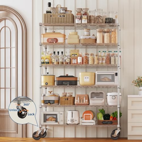Garvee 2640LBS 6 Tier Metal Shelving with Wheels, Heavy Duty Storage Shelves Chrome Wire Racks for Garage Kitchen Commercial, Adjustable NSF Shelving, Rolling Pantry Shelf, 47" Wx18 Dx72.4 H | ﻿Heavy Duty Shelves Units for Garage Kitchen Organization, Adj