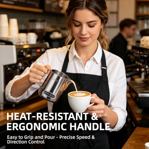 Milk Frother Cup, Dailyart 304 Stainless Steel Milk Frothing Pitcher with Thermometer - Milk Pitcher with Scale Espresso Machine Accessories for Coffee, Cappuccino, Espresso, Latte Art (600ml/20oz) - size: 20.3 Ounces