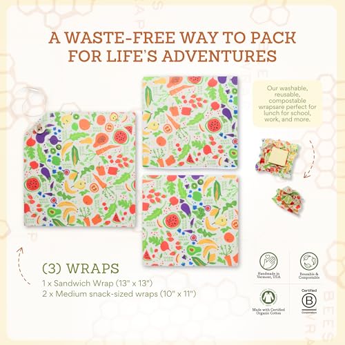 Bee's Wrap Beeswax Wraps for Food - 3 Pack of Assorted Beeswax Wraps - 2 Medium & Sandwich Wrap - Plastic Free Made in USA Reusable Natural Food Wrap - Garden Party - style: Lunch Pack Garden Party