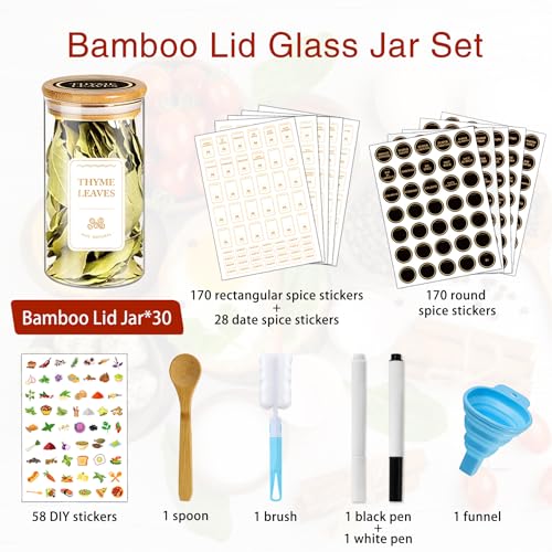 BGraceyy Spice Jars with Labels, 30Pcs 6oz Glass Spice Jars with Bamboo Lids, Minimalist Stackable Airtight Spice Containers with 426 labels for Kitchen Seasoning, Tea, Herbs, Coffee, Sugar,Shells - size: 6 oz 30 pcs